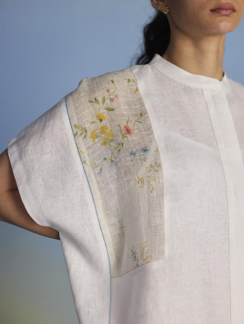 Aboli Patchwork Linen C-ord Set - White linen by Manan in white color for women Worldwide