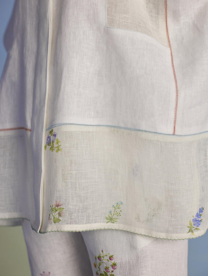 Aboli Patchwork Linen C-ord Set - White linen by Manan in white color for women Worldwide