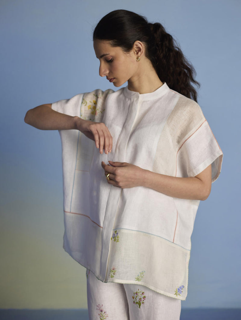 Aboli Patchwork Linen C-ord Set - White linen by Manan in white color for women Worldwide