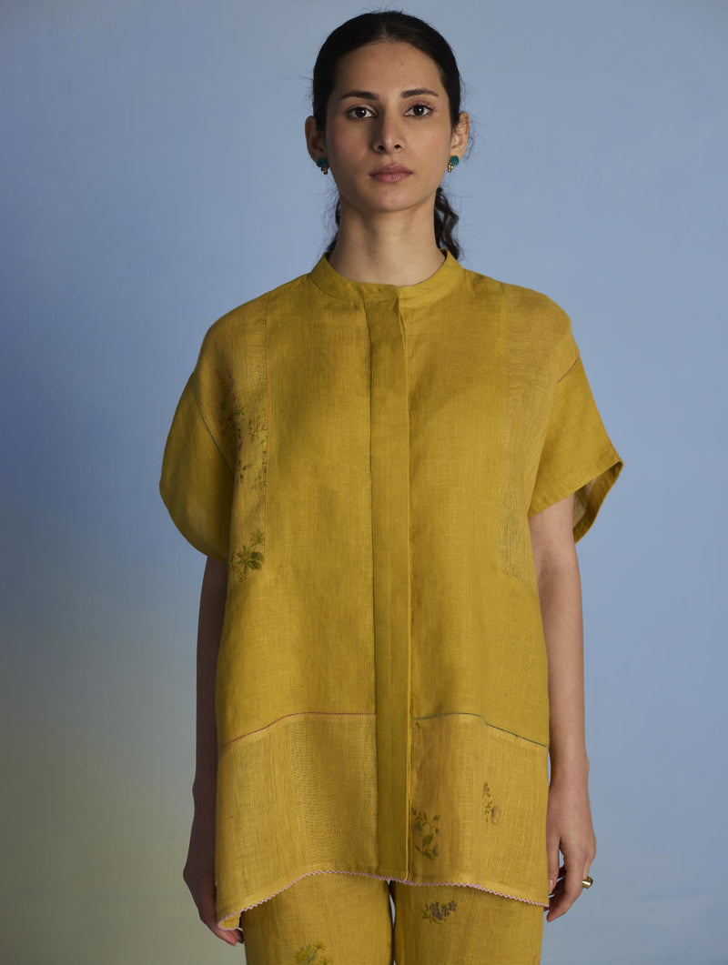 Aboli Patchwork Linen C-ord Set - Ochre linen by Manan for women Worldwide