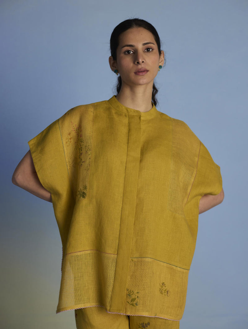 Aboli Patchwork Linen C-ord Set - Ochre linen by Manan for women Worldwide