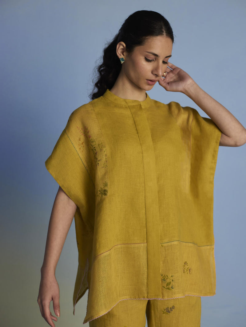 Aboli Patchwork Linen Shirt - Ochre linen by Manan in mint color for women Worldwide