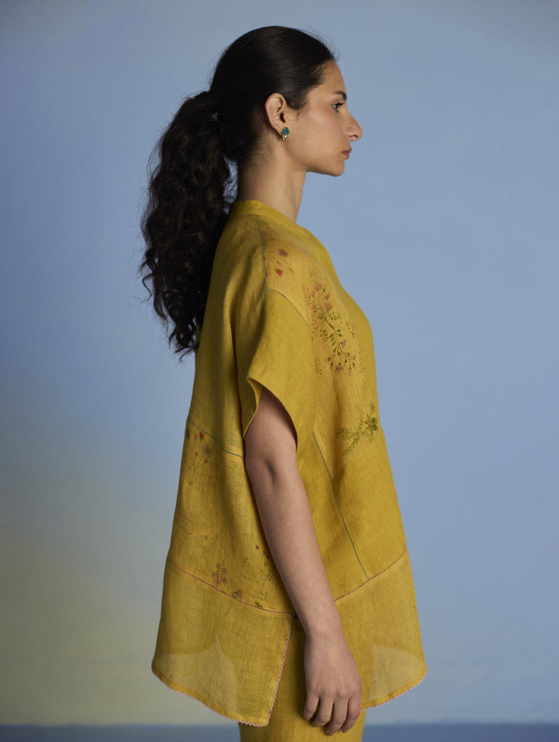 Aboli Patchwork Linen Shirt - Ochre linen by Manan in mint color for women Worldwide
