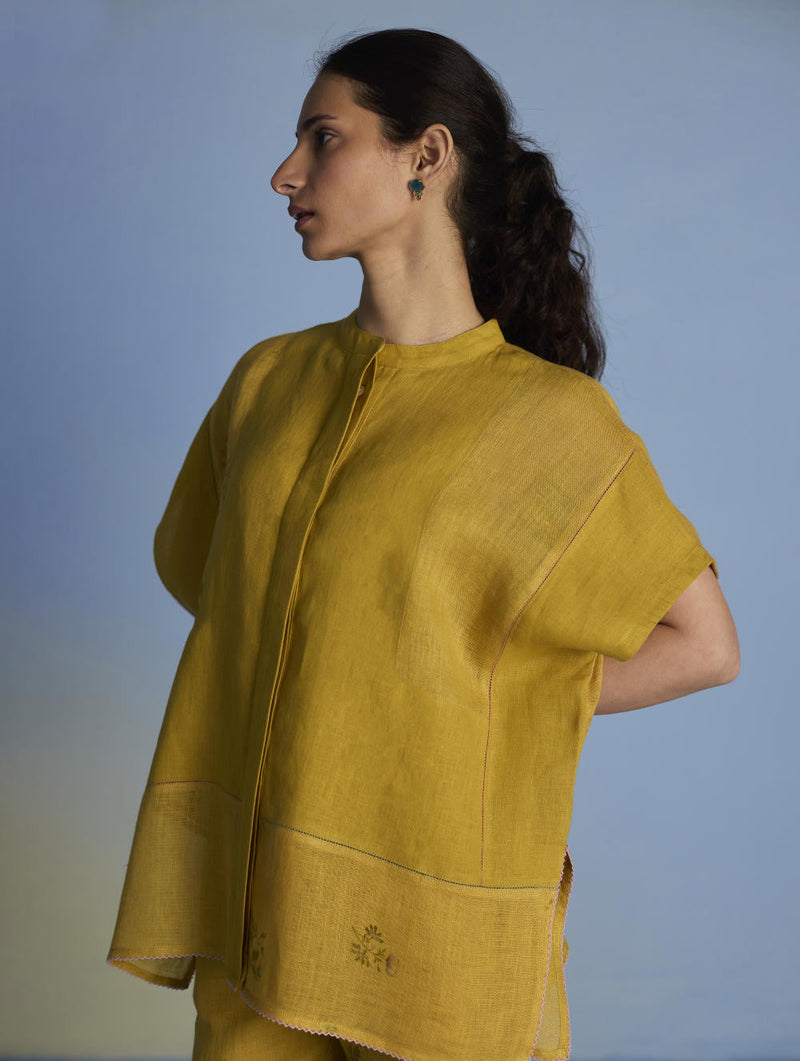 Aboli Patchwork Linen Shirt - Ochre linen by Manan in mint color for women Worldwide
