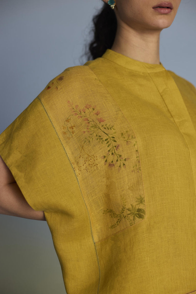 Aboli Patchwork Linen C-ord Set - Ochre linen by Manan for women Worldwide