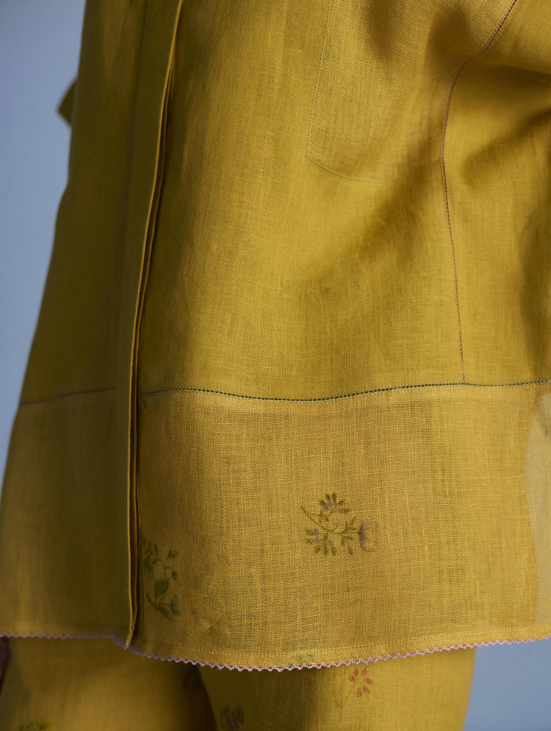 Aboli Patchwork Linen Shirt - Ochre linen by Manan in mint color for women Worldwide