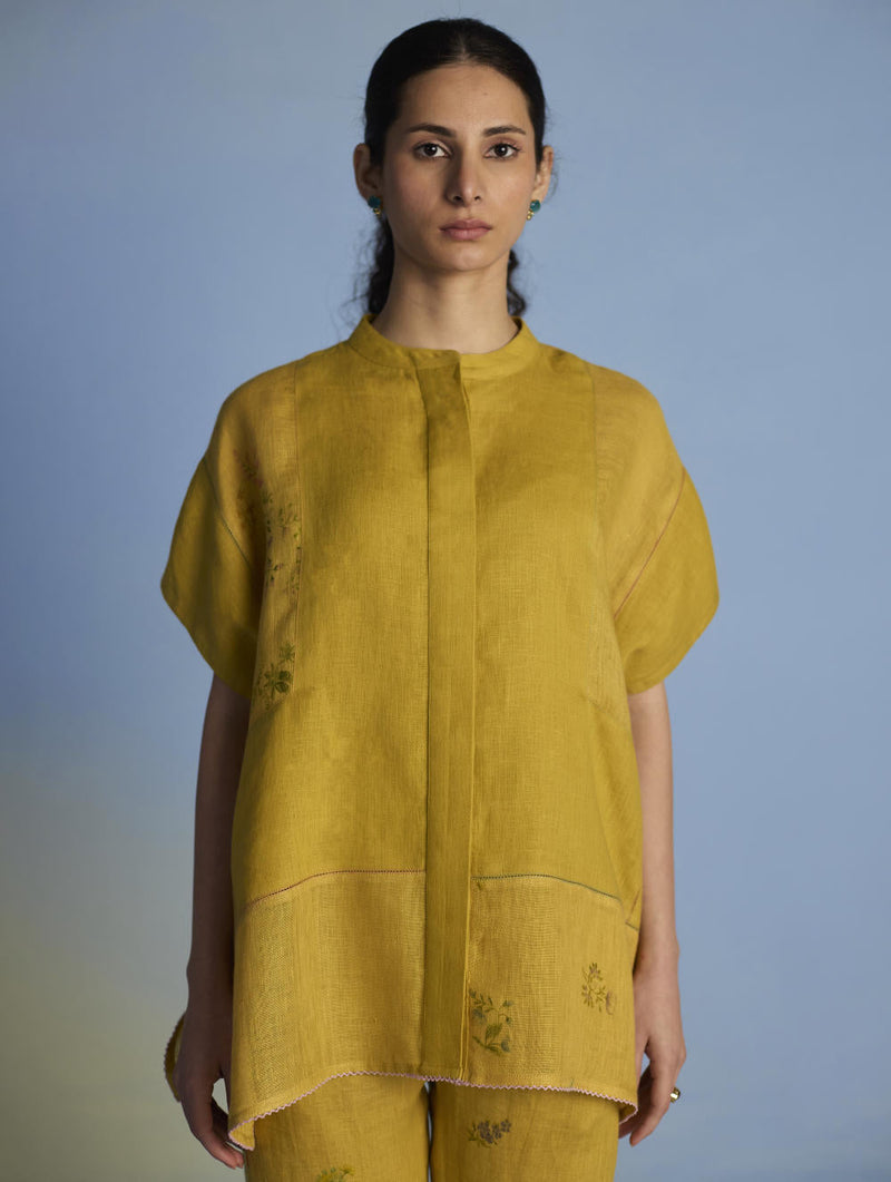 Aboli Patchwork Linen C-ord Set - Ochre linen by Manan for women Worldwide