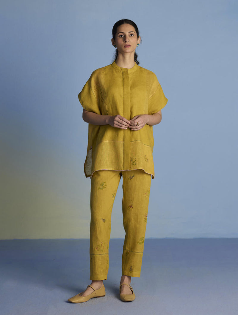 Aboli Patchwork Linen C-ord Set - Ochre linen by Manan for women Worldwide