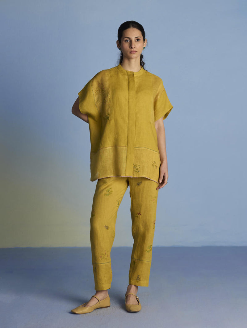 Aboli Patchwork Linen Shirt - Ochre linen by Manan in mint color for women Worldwide