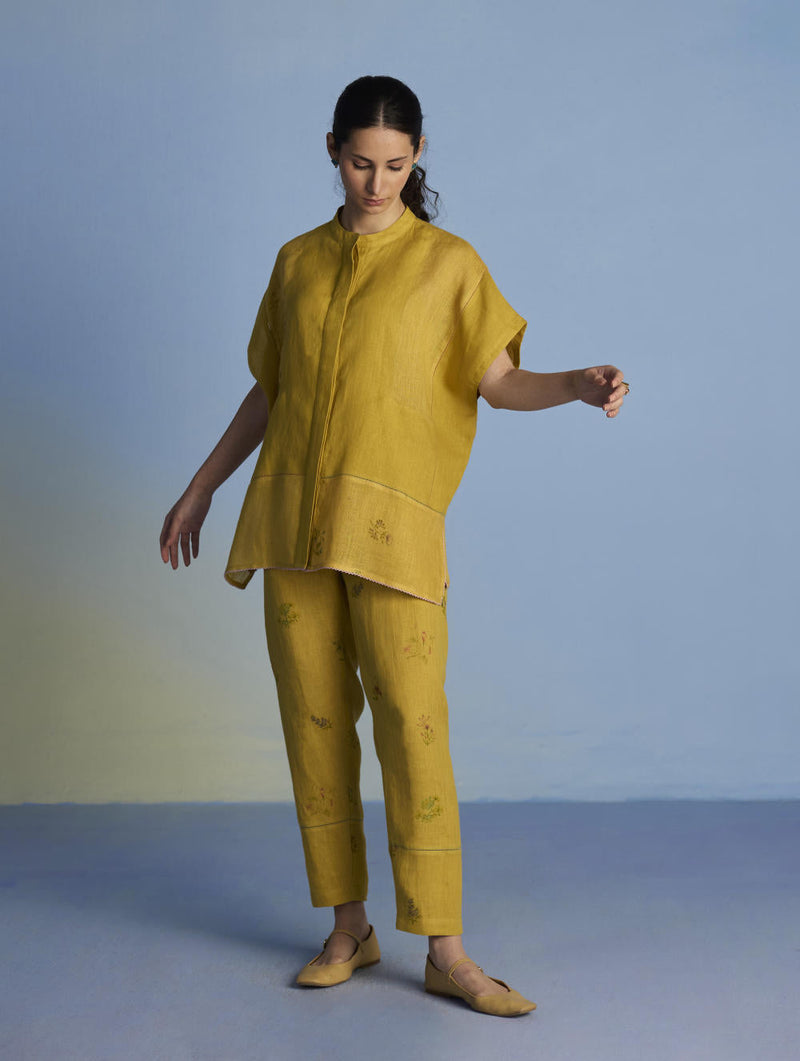 Aboli Patchwork Linen Shirt - Ochre linen by Manan in mint color for women Worldwide