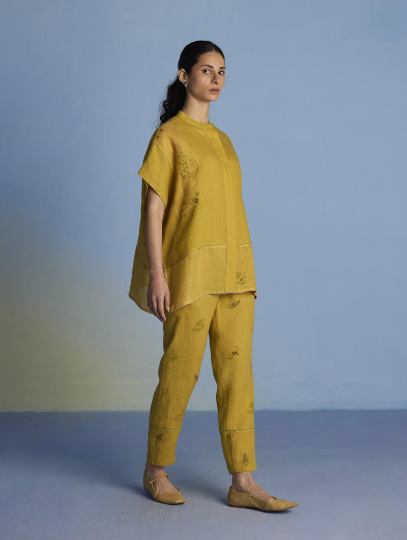 Aboli Patchwork Linen Shirt - Ochre linen by Manan in mint color for women Worldwide
