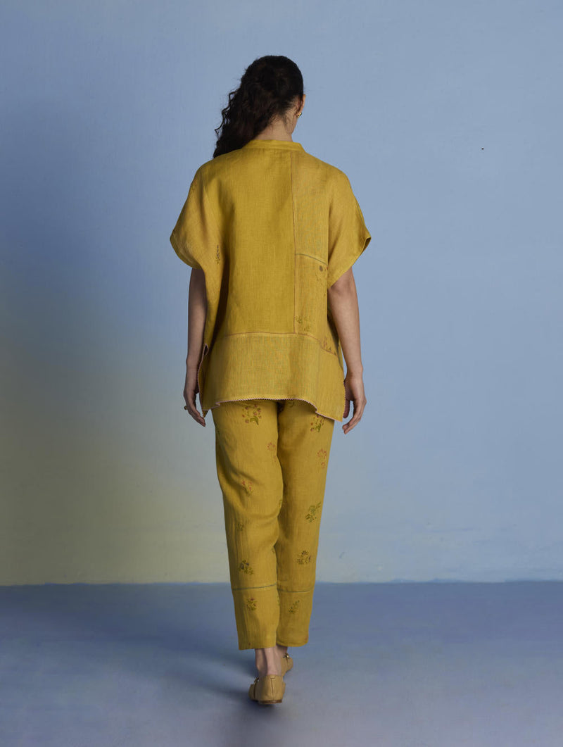 Aboli Patchwork Linen C-ord Set - Ochre linen by Manan for women Worldwide