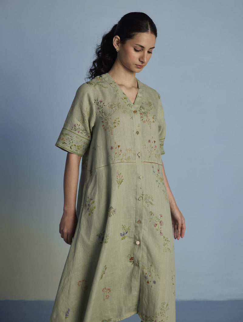 Inoya Shirt Kurta with Handkerchief Hem - Mint linen by Manan in mint color for women Worldwide