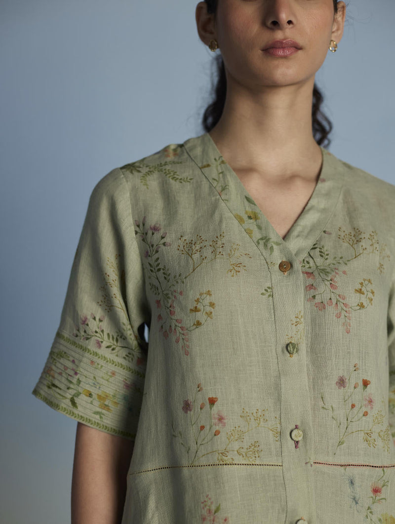 Inoya Shirt Kurta with Handkerchief Hem - Mint linen by Manan in mint color for women Worldwide