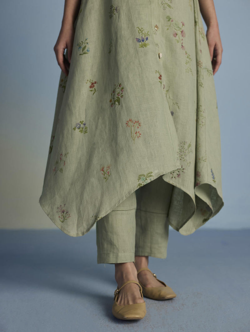 Inoya Shirt Kurta with Handkerchief Hem - Mint linen by Manan in mint color for women Worldwide