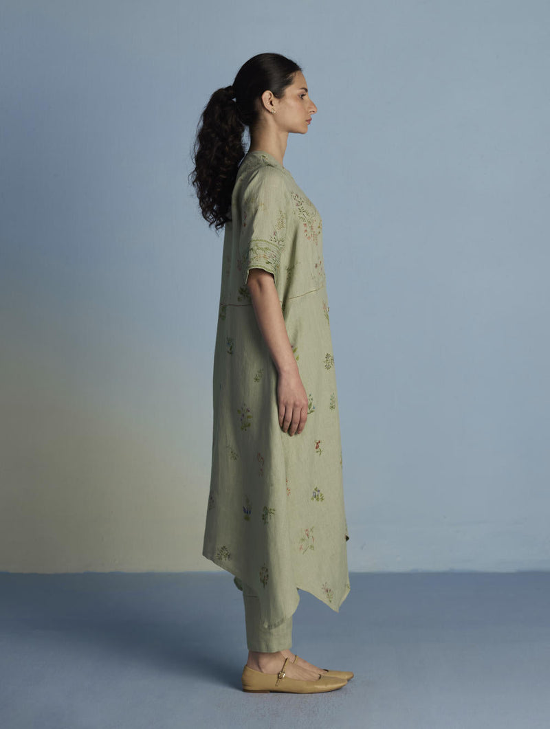Inoya Shirt Kurta with Handkerchief Hem - Mint linen by Manan in mint color for women Worldwide