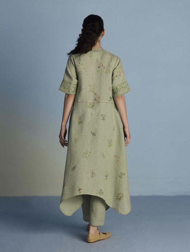 Inoya Shirt Kurta with Handkerchief Hem - Mint linen by Manan in mint color for women Worldwide