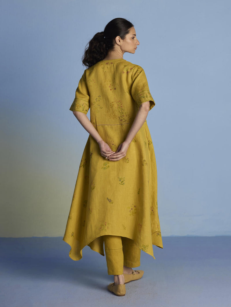 Inoya Shirt Kurta with Handkerchief Hem - Ochre linen by Manan for women Worldwide