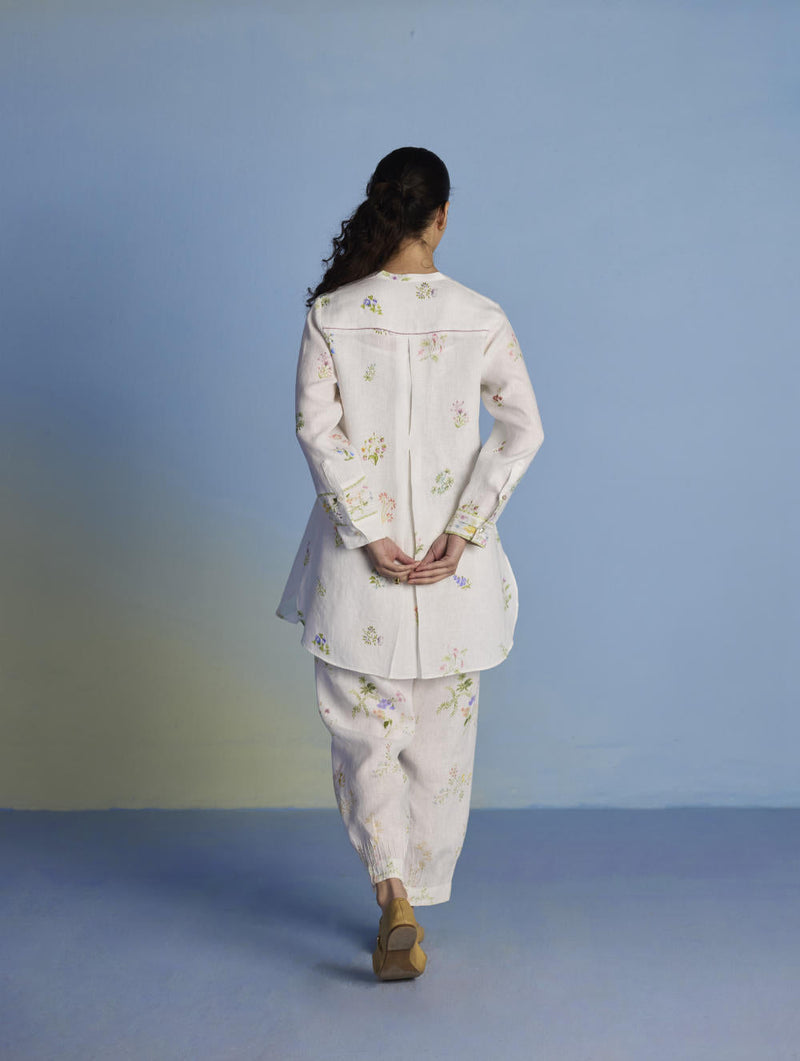 Anya Hand-Embroidered Floral Linen Co-ord Set - White linen by Manan in white color for women Worldwide