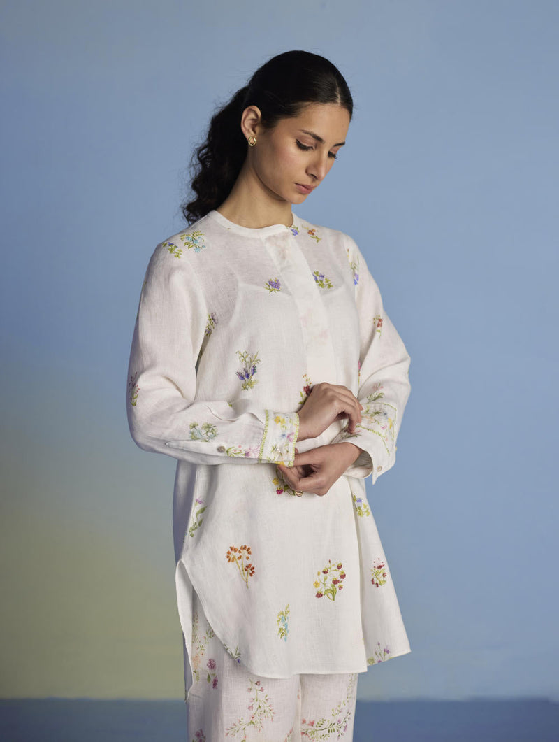Anya Hand-Embroidered Floral Linen Co-ord Set - White linen by Manan in white color for women Worldwide