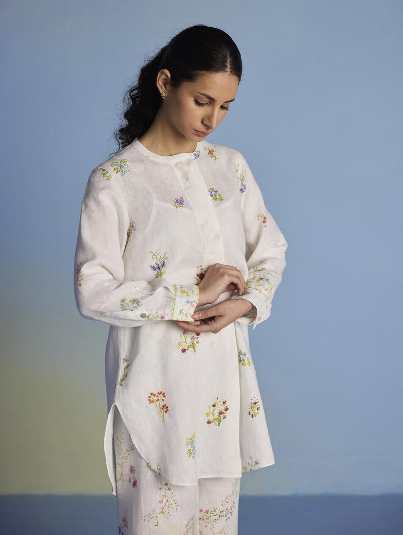 Anya Hand-Embroidered Floral Linen Co-ord Set - White linen by Manan in white color for women Worldwide