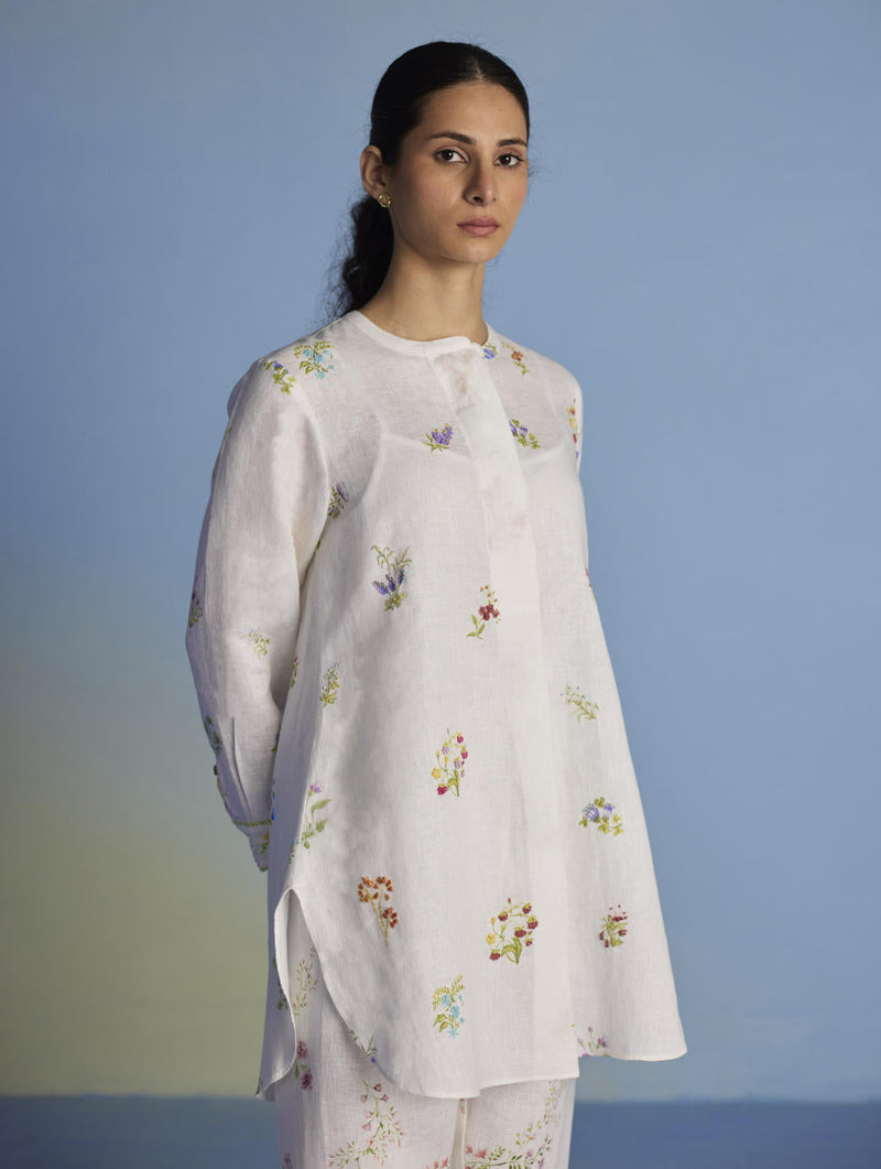 Anya Hand-Embroidered Floral Linen Co-ord Set - White linen by Manan in white color for women Worldwide