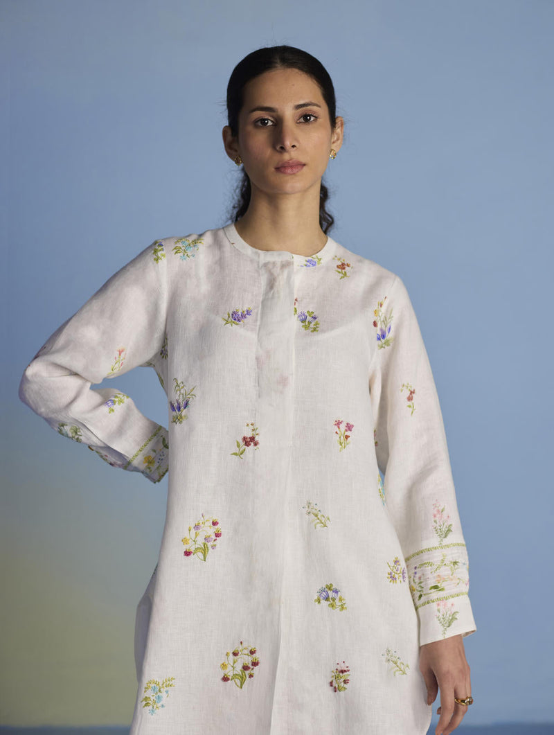 Anya Hand-Embroidered Floral Linen Co-ord Set - White linen by Manan in white color for women Worldwide