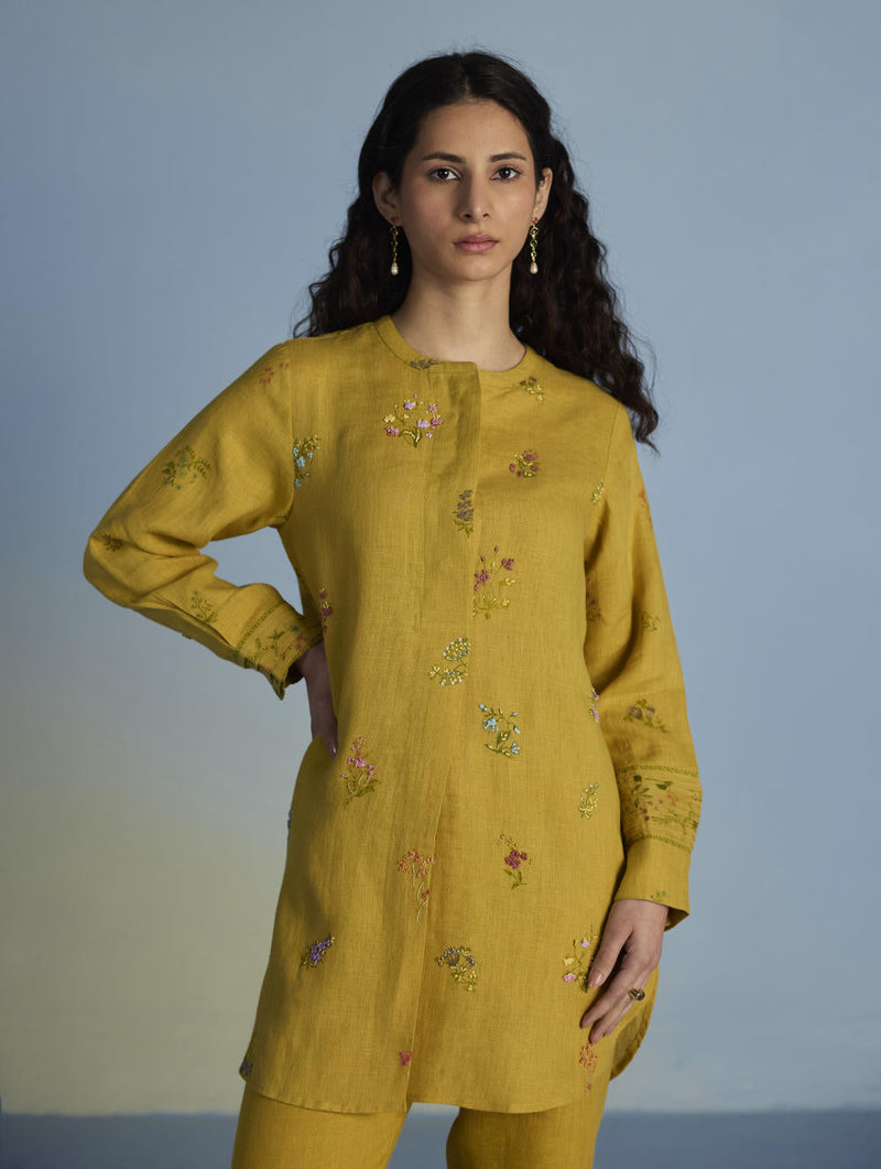 Anya Hand-Embroidered Floral Linen Co-ord Set - Ochre linen by Manan for women Worldwide