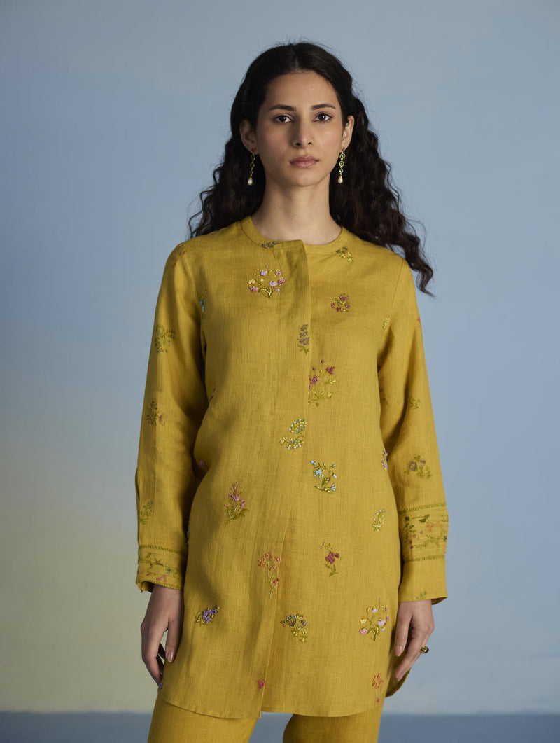 Anya Hand-Embroidered Floral Linen Co-ord Set - Ochre linen by Manan for women Worldwide