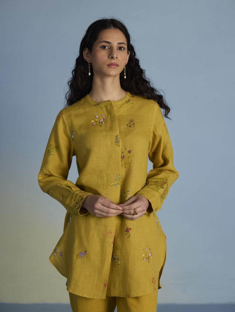 Anya Hand-Embroidered Floral Linen Co-ord Set - Ochre linen by Manan for women Worldwide