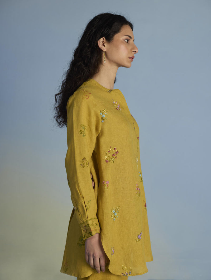 Anya Hand-Embroidered Floral Linen Co-ord Set - Ochre linen by Manan for women Worldwide