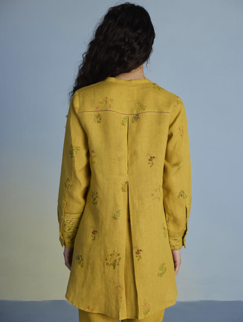 Anya Hand-Embroidered Floral Linen Co-ord Set - Ochre linen by Manan for women Worldwide