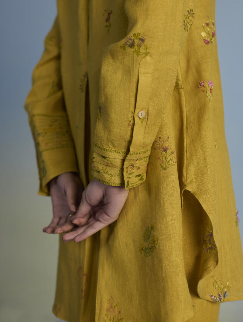 Anya Hand-Embroidered Floral Linen Co-ord Set - Ochre linen by Manan for women Worldwide