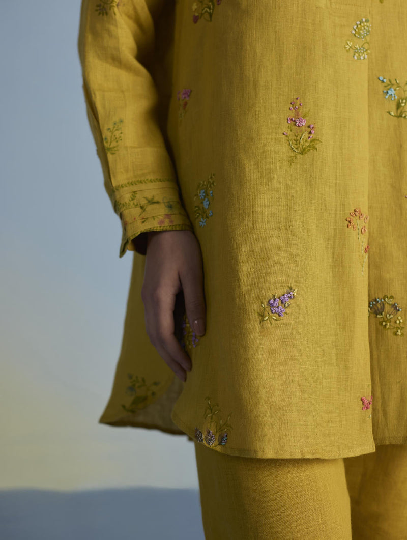 Anya Hand-Embroidered Floral Linen Co-ord Set - Ochre linen by Manan for women Worldwide