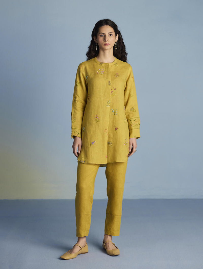 Anya Hand-Embroidered Floral Linen Co-ord Set - Ochre linen by Manan for women Worldwide