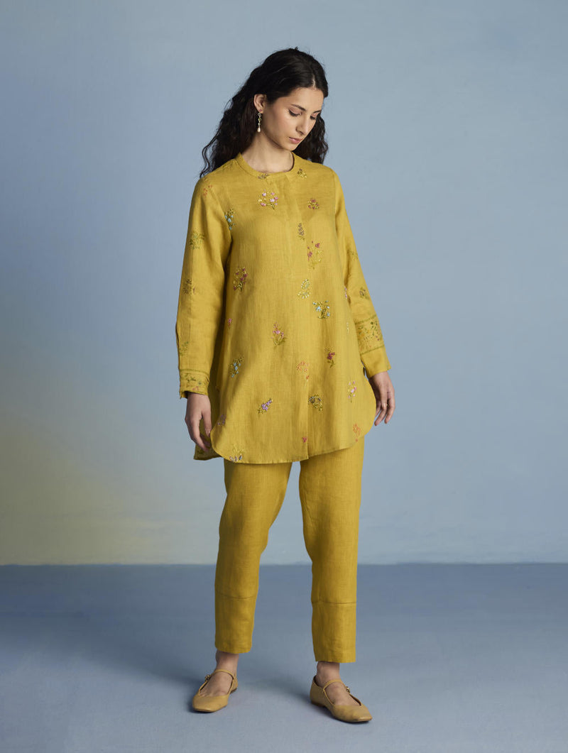 Anya Hand-Embroidered Floral Linen Co-ord Set - Ochre linen by Manan for women Worldwide