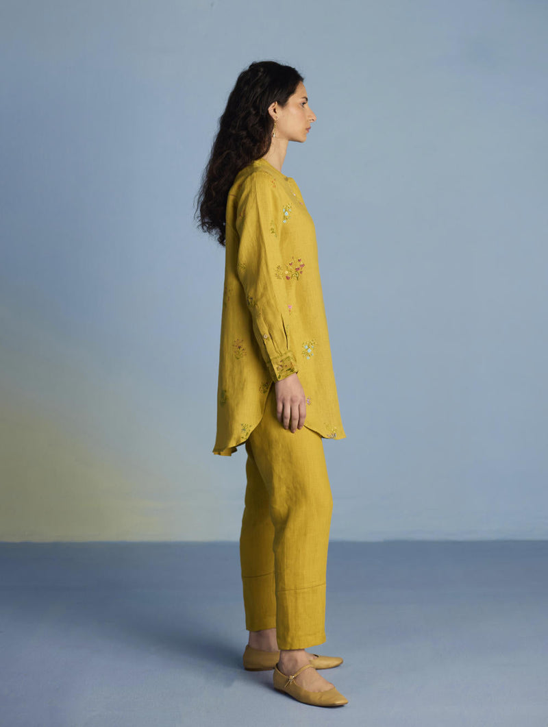 Anya Hand-Embroidered Floral Linen Co-ord Set - Ochre linen by Manan for women Worldwide