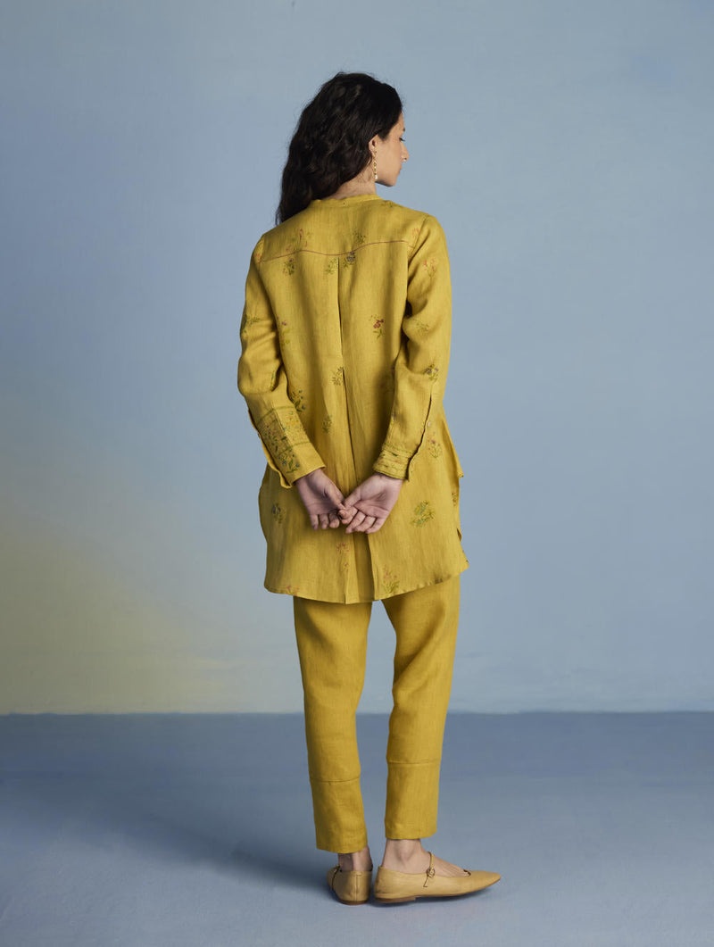 Anya Hand-Embroidered Floral Linen Co-ord Set - Ochre linen by Manan for women Worldwide