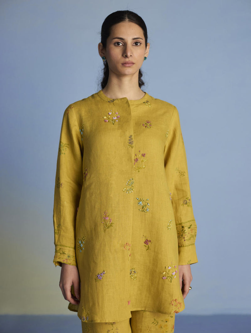 Anya Hand-Embroidered Floral Linen Co-ord Set - Ochre linen by Manan for women Worldwide