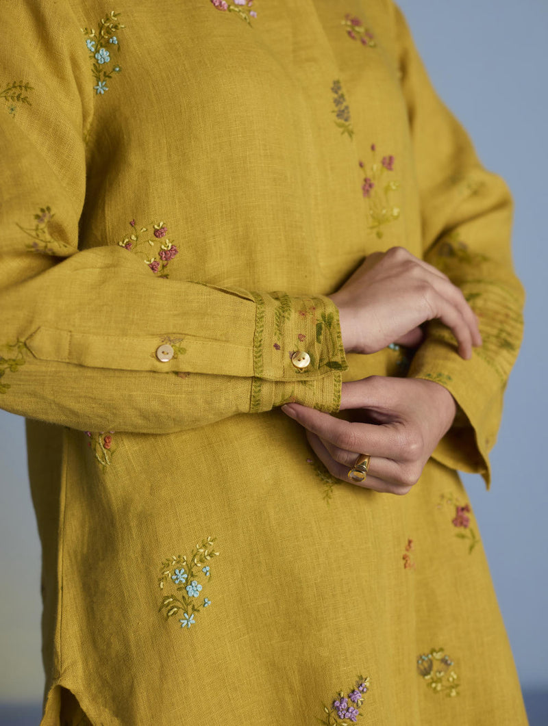 Anya Hand-Embroidered Floral Linen Co-ord Set - Ochre linen by Manan for women Worldwide