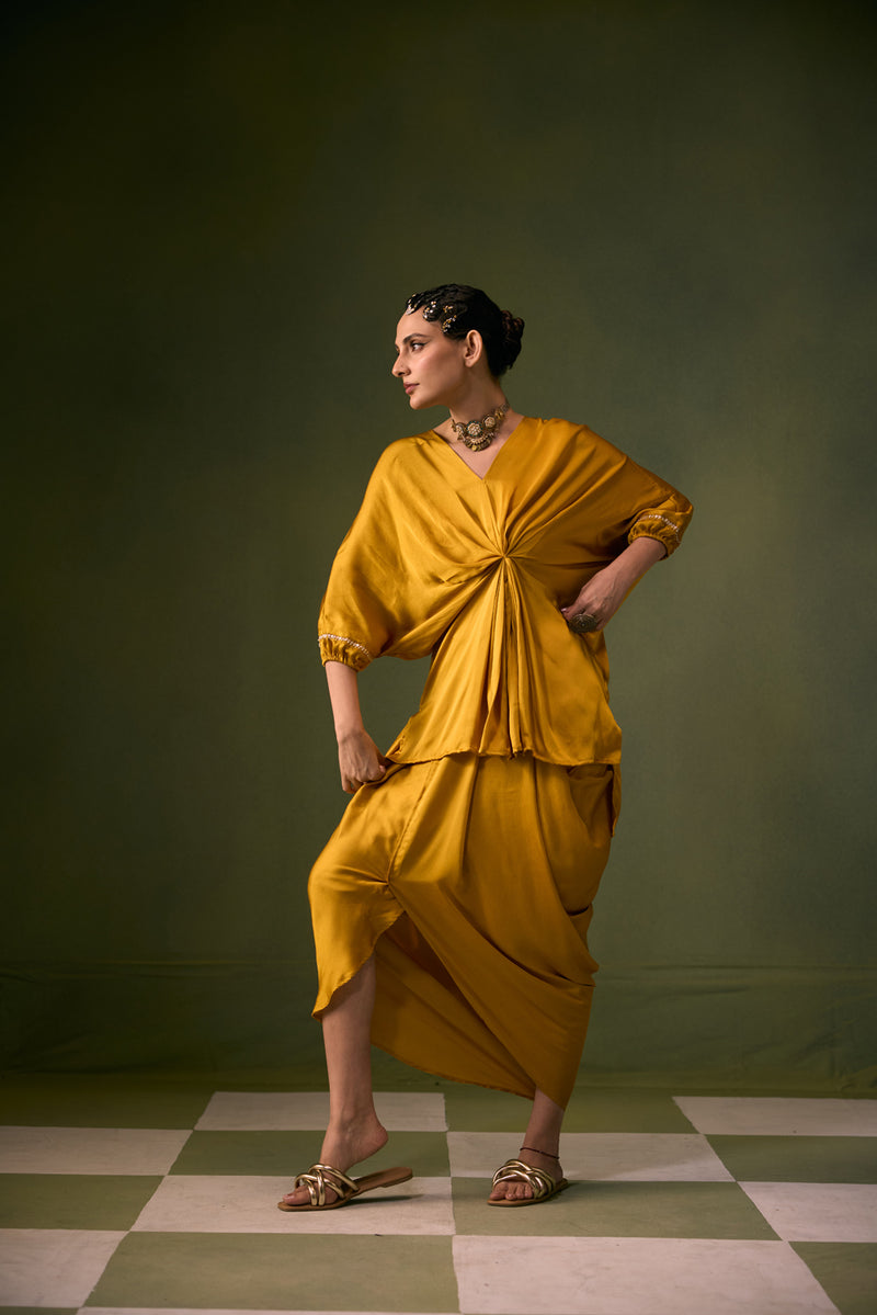 Moro Toga Drape Dress vegan satin, organza satin sarees by PRAHNAAYA in musturd yellow for women Worldwide