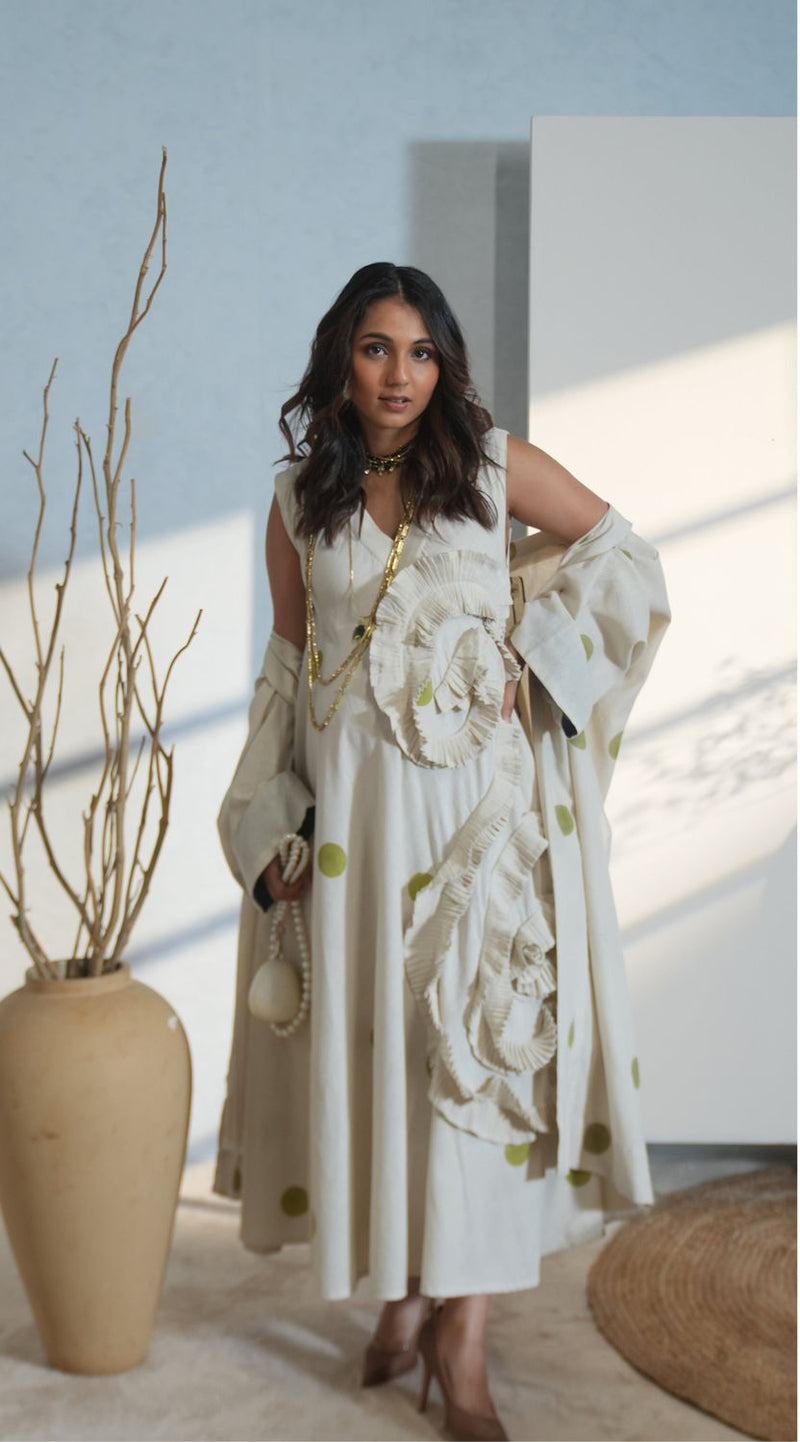 Daffodil Dress-Natural + Sage handwoven cotton dress by Stoique in natural, sage for women Worldwide