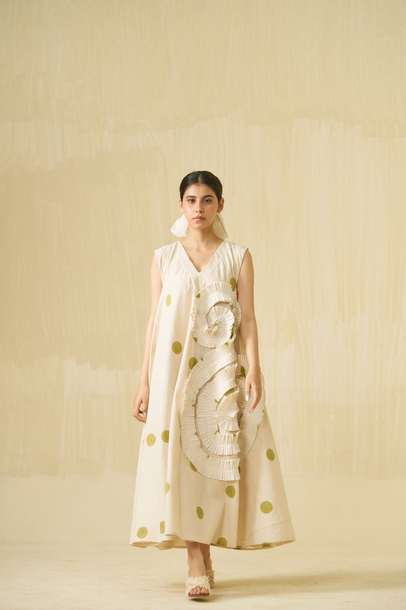 Daffodil Dress-Natural + Sage handwoven cotton dress by Stoique in natural, sage for women Worldwide