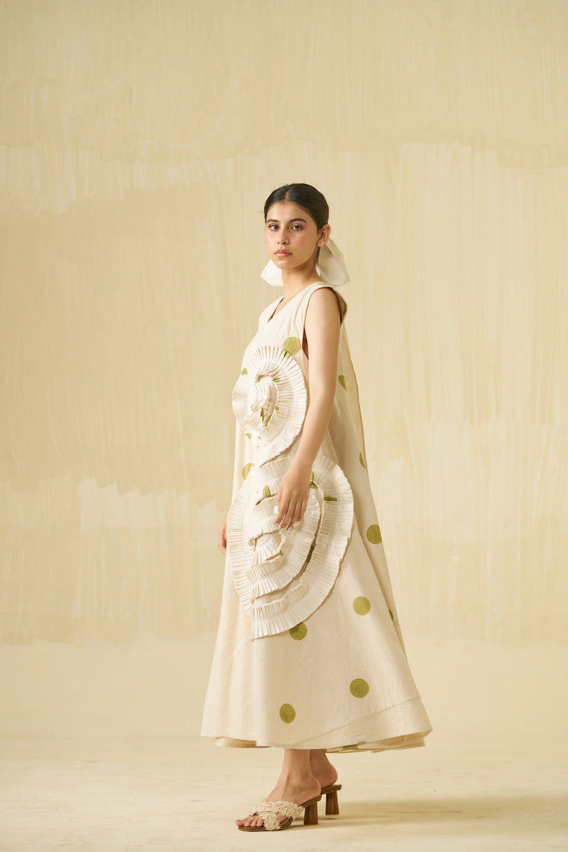 Daffodil Dress-Natural + Sage handwoven cotton dress by Stoique in natural, sage for women Worldwide