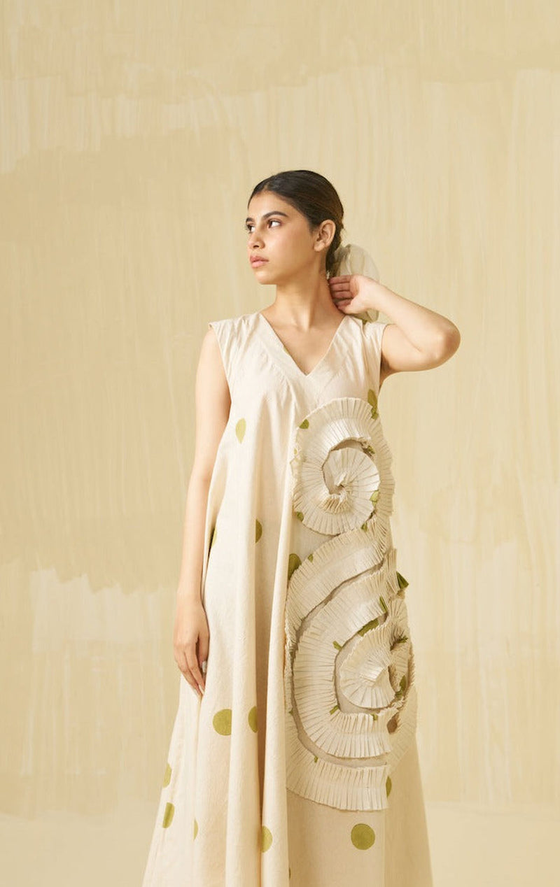 Daffodil Dress-Natural + Sage handwoven cotton dress by Stoique in natural, sage for women Worldwide
