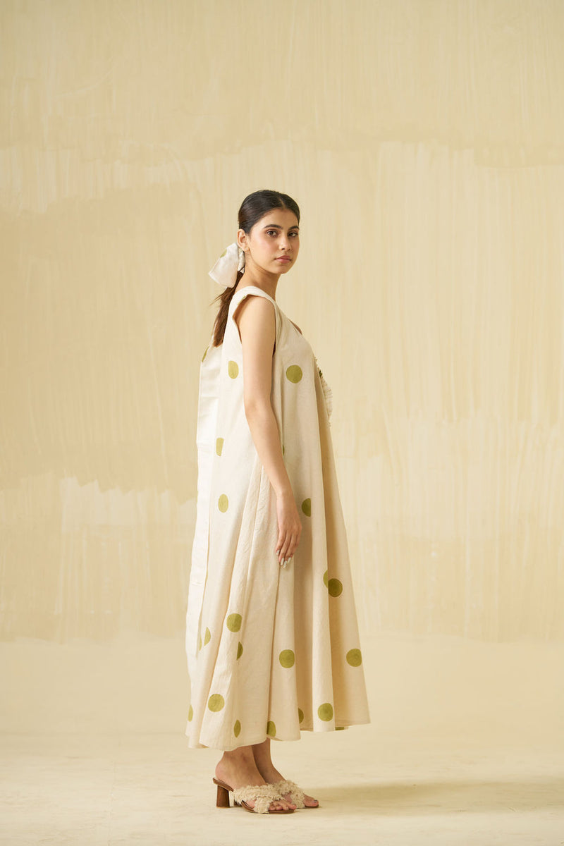 Daffodil Dress-Natural + Sage handwoven cotton dress by Stoique in natural, sage for women Worldwide