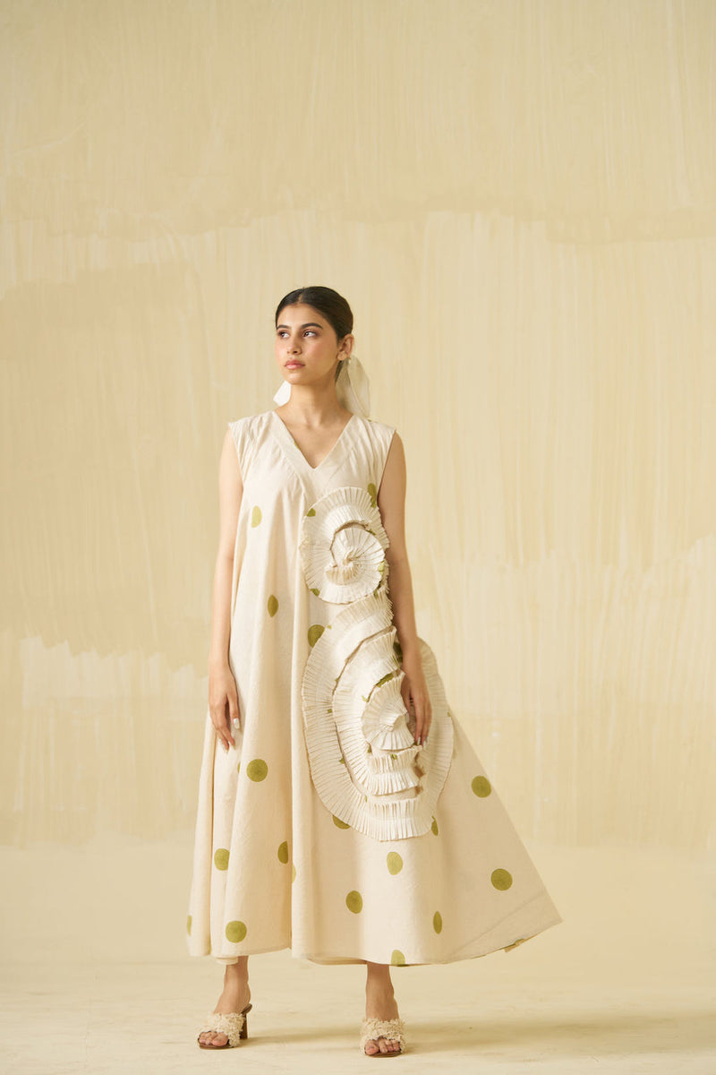 Daffodil Dress-Natural + Sage handwoven cotton dress by Stoique in natural, sage for women Worldwide