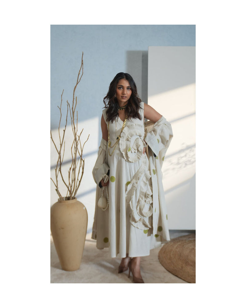 Daffodil Dress-Natural + Sage handwoven cotton dress by Stoique in natural, sage for women Worldwide