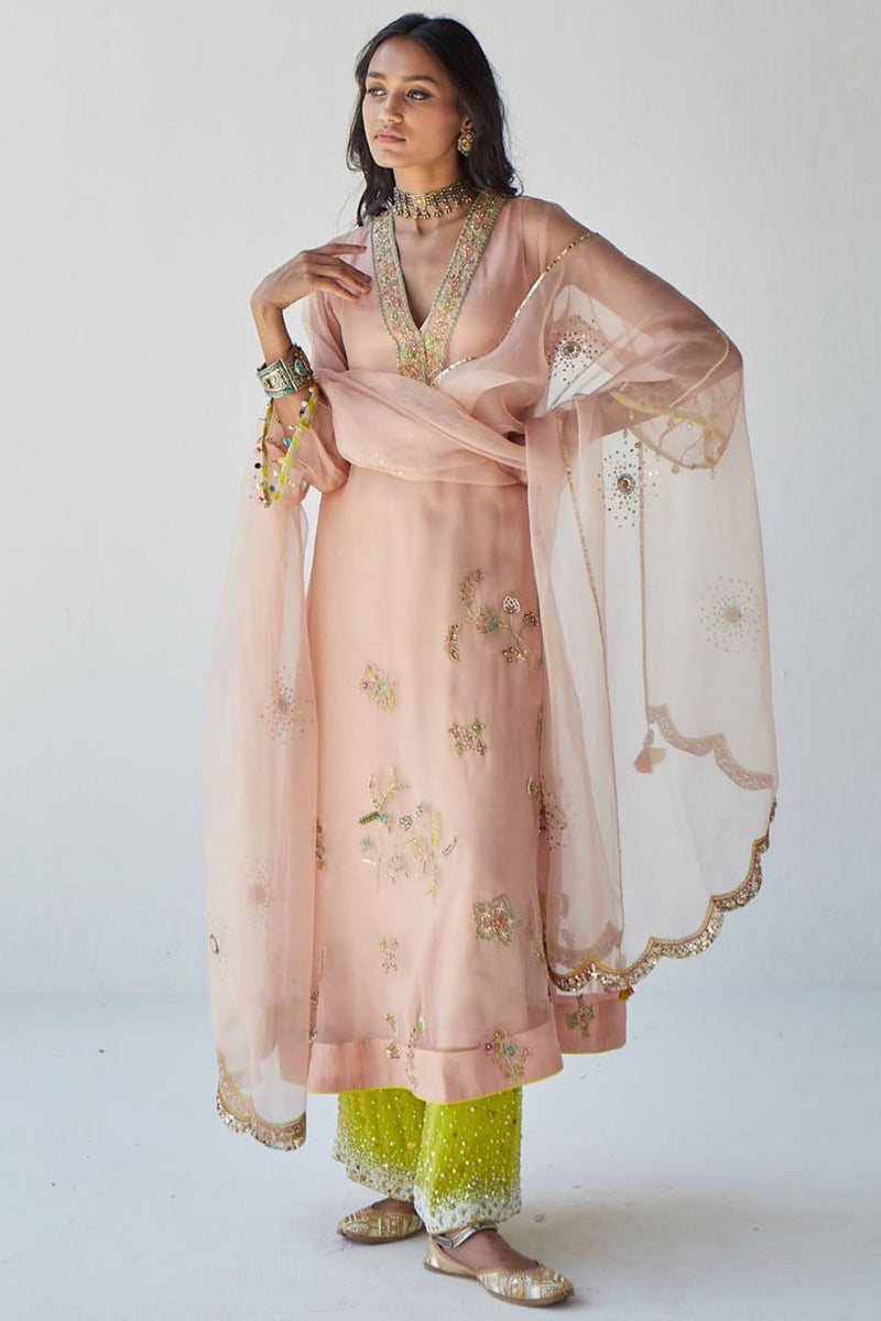 NUDE PINK JAAL ORGANZA KURTA SET Kurta Sets by Rajiramniq for women Worldwide