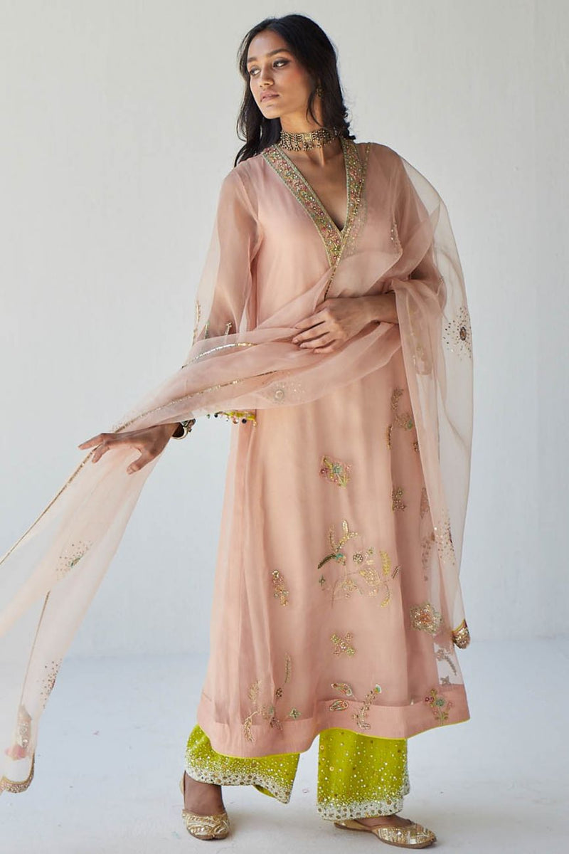 NUDE PINK JAAL ORGANZA KURTA SET Kurta Sets by Rajiramniq for women Worldwide